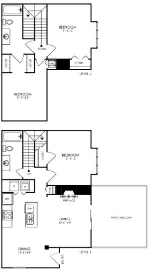 two bedroom floor plans with two bathrooms and a living room at The Landon